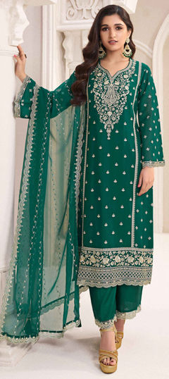 Green color Salwar Kameez in Chiffon fabric with Embroidered, Sequence, Thread, Zari work