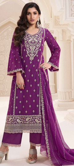 Purple and Violet color Salwar Kameez in Chiffon fabric with Embroidered, Sequence, Thread, Zari work