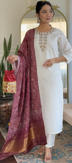 White and Off White color Salwar Kameez in Art Silk fabric with Embroidered, Printed work