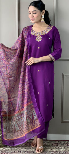 Purple and Violet color Salwar Kameez in Rayon fabric with Embroidered, Printed work