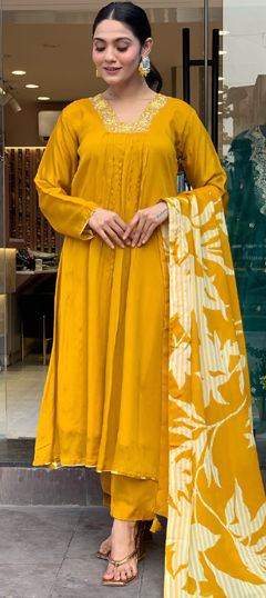 Yellow color Salwar Kameez in Art Silk fabric with Embroidered, Printed work