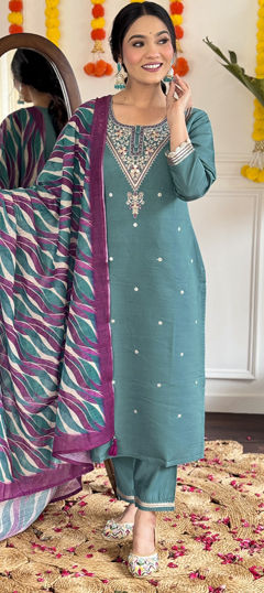 Blue color Salwar Kameez in Viscose fabric with Embroidered, Printed work