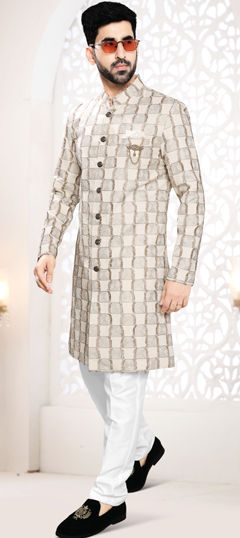 Beige and Brown color IndoWestern Dress in Linen fabric with Thread, Weaving work