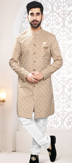 Gold color IndoWestern Dress in Jacquard fabric with Broches, Weaving work