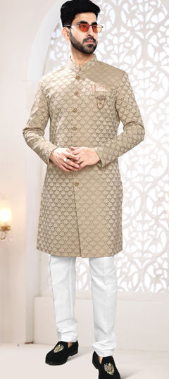 Gold color IndoWestern Dress in Jacquard fabric with Broches, Weaving work