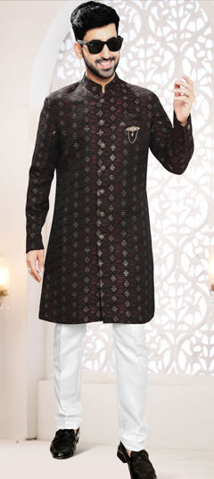 Red and Maroon color IndoWestern Dress in Jacquard fabric with Broches, Embroidered, Sequence, Thread work