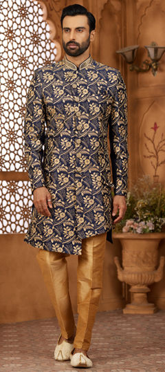 Blue color IndoWestern Dress in Banarasi Silk fabric with Bugle Beads, Embroidered, Thread work