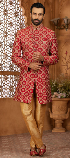 Red and Maroon color IndoWestern Dress in Banarasi Silk fabric with Bugle Beads, Embroidered, Thread work