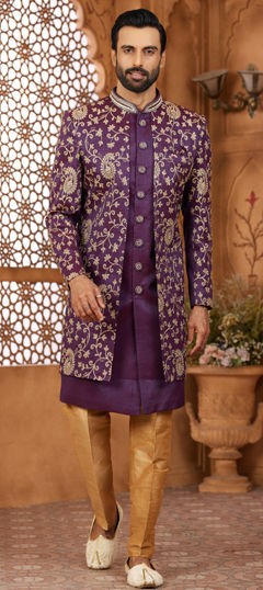 Purple and Violet color IndoWestern Dress in Banarasi Silk fabric with Bugle Beads, Embroidered, Sequence, Thread work