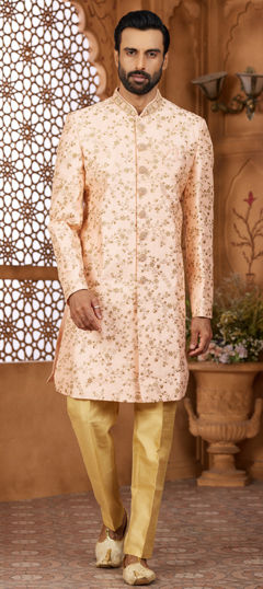 Pink and Majenta color IndoWestern Dress in Banarasi Silk fabric with Bugle Beads, Embroidered, Sequence, Thread work