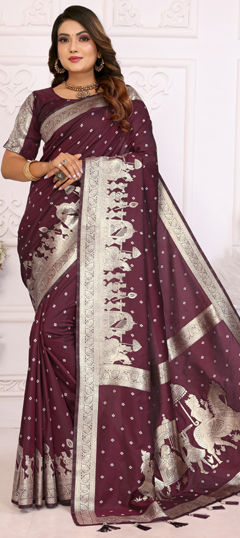 Beige and Brown color Saree in Art Silk fabric with Bandhej, Weaving, Zari work