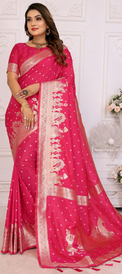 Pink and Majenta color Saree in Art Silk fabric with Bandhej, Weaving, Zari work