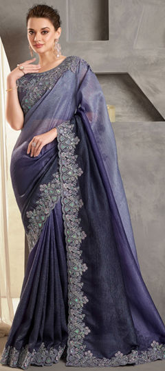 Blue color Saree in Crushed Silk fabric with Embroidered, Sequence, Thread work