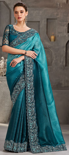 Blue color Saree in Crushed Silk fabric with Embroidered, Resham, Sequence, Thread work