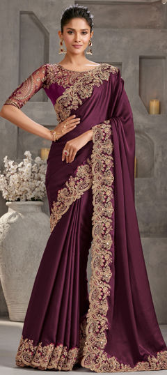 Red and Maroon color Saree in Silk fabric with Embroidered, Resham, Sequence, Thread work