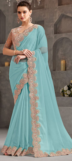 Blue color Saree in Chiffon fabric with Embroidered, Resham, Sequence, Thread work