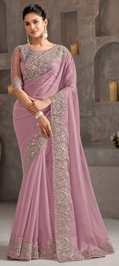 Pink and Majenta color Saree in Chiffon fabric with Embroidered, Resham, Sequence, Thread work