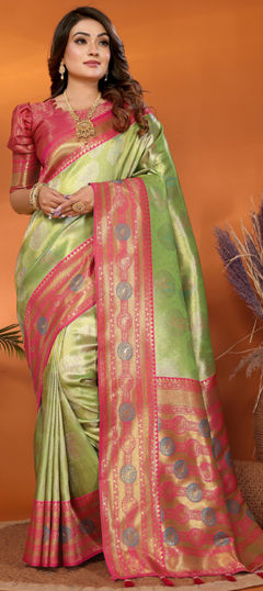 Green color Saree in Banarasi Silk fabric with Weaving, Zari work