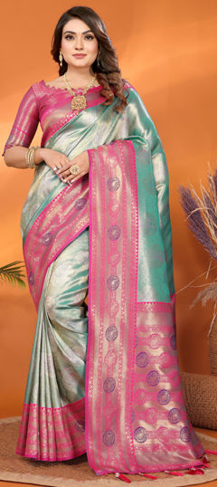 Green color Saree in Banarasi Silk fabric with Weaving, Zari work