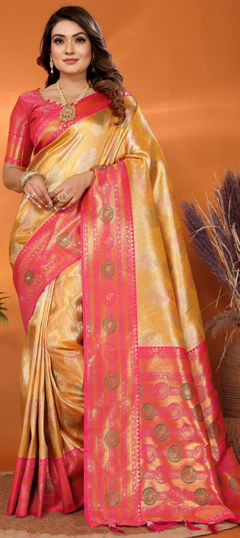 Yellow color Saree in Banarasi Silk fabric with Weaving, Zari work