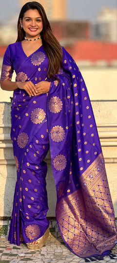 Blue color Saree in Silk fabric with Weaving, Zari work