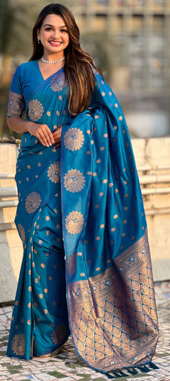 Blue color Saree in Silk fabric with Weaving, Zari work