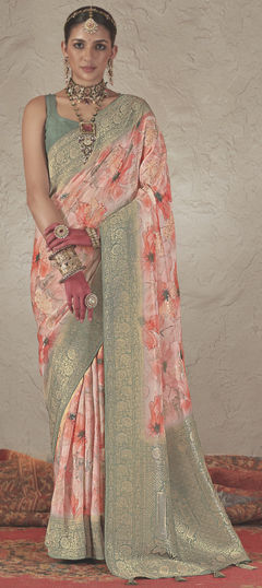 Pink and Majenta color Saree in Silk fabric with Floral, Printed, Weaving, Zari work