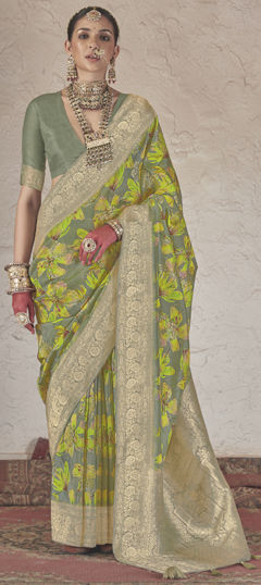 Black and Grey, Green color Saree in Silk fabric with Floral, Printed, Weaving, Zari work