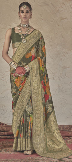 Black and Grey color Saree in Silk fabric with Printed, Weaving, Zari work