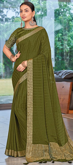 Green color Saree in Silk fabric with Thread, Weaving, Zari work