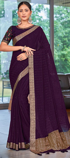 Purple and Violet color Saree in Silk fabric with Thread, Weaving, Zari work