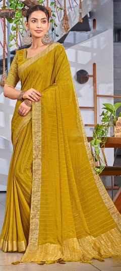 Yellow color Saree in Silk fabric with Thread, Weaving, Zari work