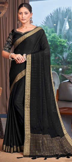 Black and Grey color Saree in Silk fabric with Thread, Weaving, Zari work