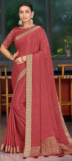 Red and Maroon color Saree in Silk fabric with Thread, Weaving, Zari work