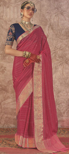 Red and Maroon color Saree in Silk fabric with Weaving, Zari work