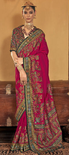 Red and Maroon color Saree in Silk fabric with Printed work