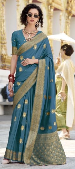 Blue color Saree in Satin Silk fabric with Weaving, Zari work