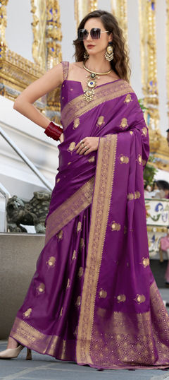 Purple and Violet color Saree in Satin Silk fabric with Weaving, Zari work