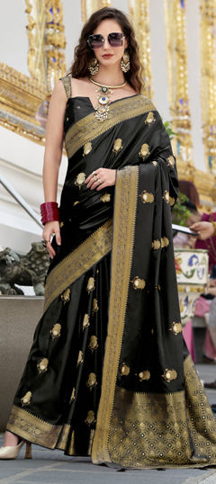 Black and Grey color Saree in Satin Silk fabric with Weaving, Zari work