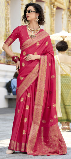 Pink and Majenta color Saree in Satin Silk fabric with Weaving, Zari work