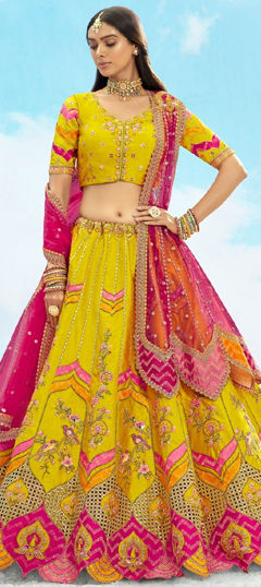 Yellow color Lehenga in Silk fabric with Embroidered, Sequence, Stone, Weaving work