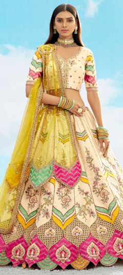 Beige and Brown color Lehenga in Silk fabric with Embroidered, Sequence, Stone, Weaving work