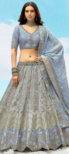 Black and Grey color Lehenga in Silk fabric with Embroidered, Sequence, Stone, Weaving work