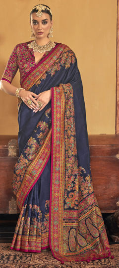 Blue color Saree in Silk fabric with Printed work