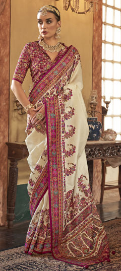 White and Off White color Saree in Silk fabric with Printed work