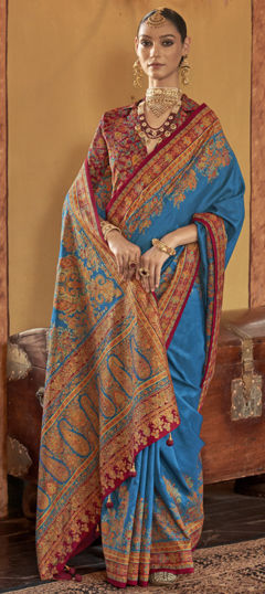 Blue color Saree in Silk fabric with Printed work