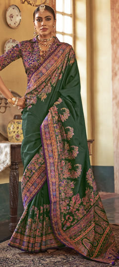 Green color Saree in Silk fabric with Printed work