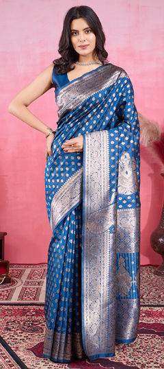 Blue color Saree in Litchi Silk, Silk fabric with Weaving work