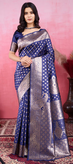 Blue color Saree in Litchi Silk, Silk fabric with Weaving work