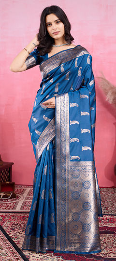 Blue color Saree in Litchi Silk, Silk fabric with Weaving work